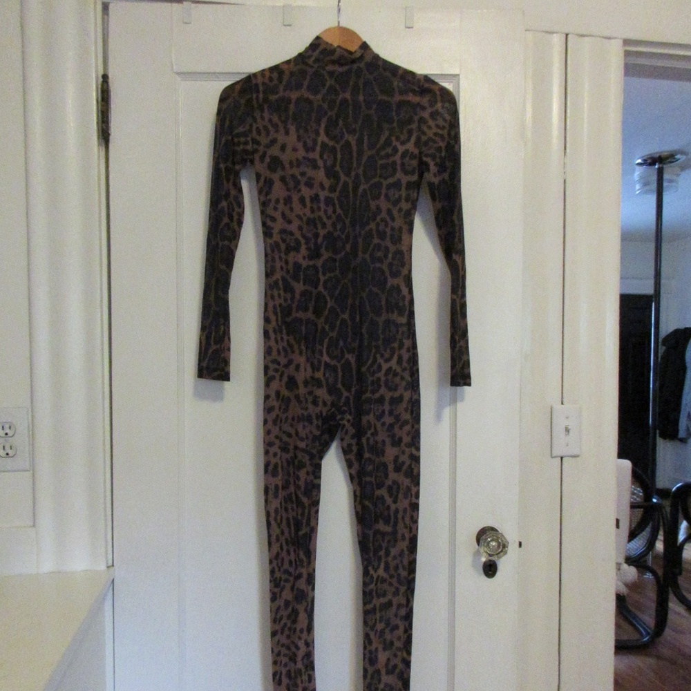 Kikiriki Nude Black Leopard Mock Neck Printed Mesh Catsuit